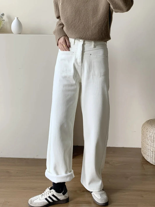 New Beige Straight Jeans Women Winter Warm High Waist Wide Leg Denim Pants 2023