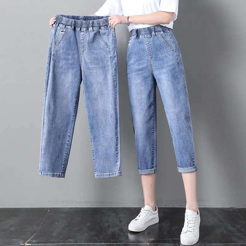 Elastic Waist Dad Harem Jeans Women's Light Blue Spring Summer New Style High Waist Wear Resistant Eighteen Inches Blue Jeans
