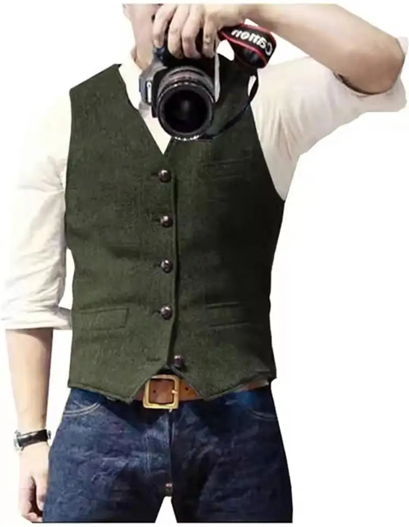 Vintage Men's Suit Vest V Neck Wool Herringbone Tweed Casual Classic Slim Fit Waistcoat Formal Business Wedding Groomsmen