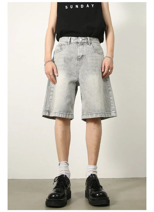 Summer Retro Washed Distressed Baggy Jorts Men's High Street Fashion Straight Jeans Shorts Y2K Casual Blue Denim Short Pants