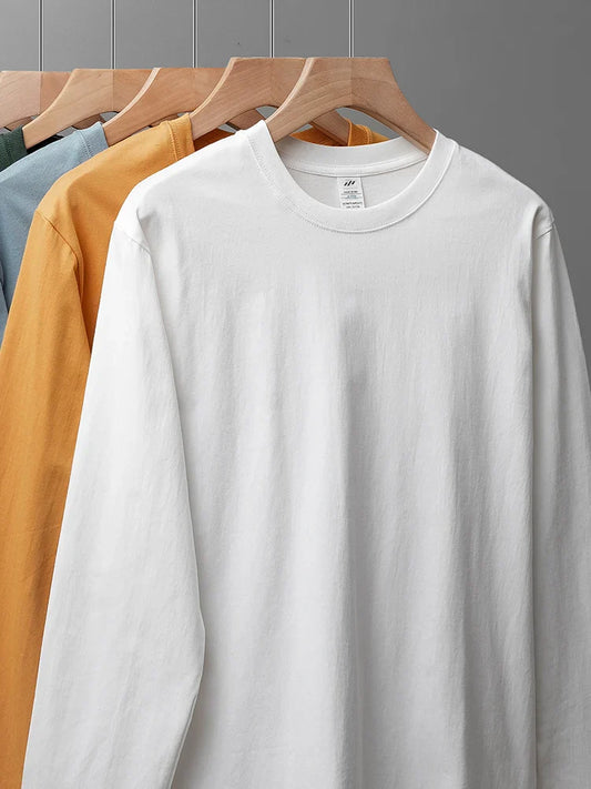 Men's 260G Long Sleeve T Shirts 2025 Spring Pure Cotton Solid Color Basic Crew-Neck Undershirt Men's Loose Tops 11 Color
