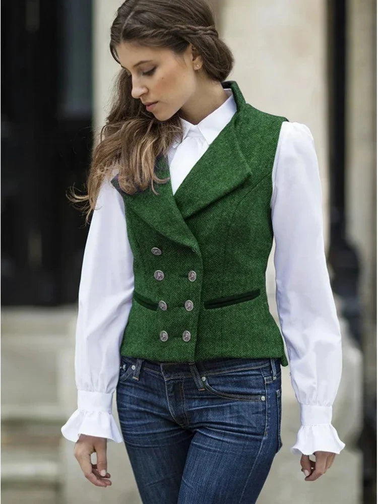 Women Vest Gray Fashion Vintage Herringbone Double Breasted Slim Fit Sleeveless Jacket Suits Profession Casual Work Vest Women