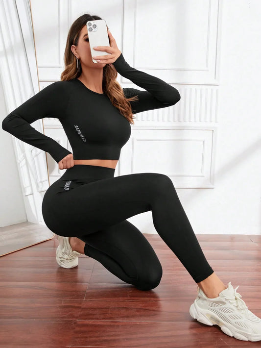 Seamless Workout Sets for Women 2 Piece Leggings Long Sleeves Crop Tops Matching