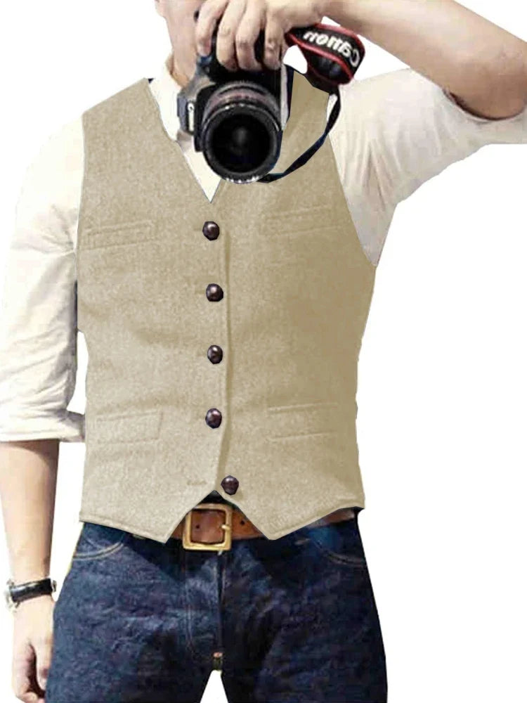 Men's Suit Vest Military Green Single Breasted Blended Men Vest Denim Jeans Waistcoat Jacket Slim Fit Casual Formal Business