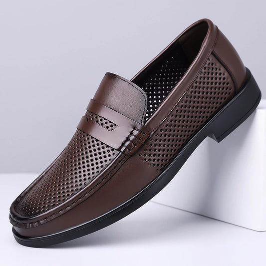 2026 Summer Mens Leather Loafers Slip on Casual Shoes Breathable Moccasins Comfortable Walking Office Flats Male Walking Shoes