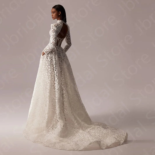 Customized Exquisite Wedding Dresses Lace High Collar Bridal Gown Long Sleeves Wedding Gown Back Out Robe de mariée 2024 Cut Out