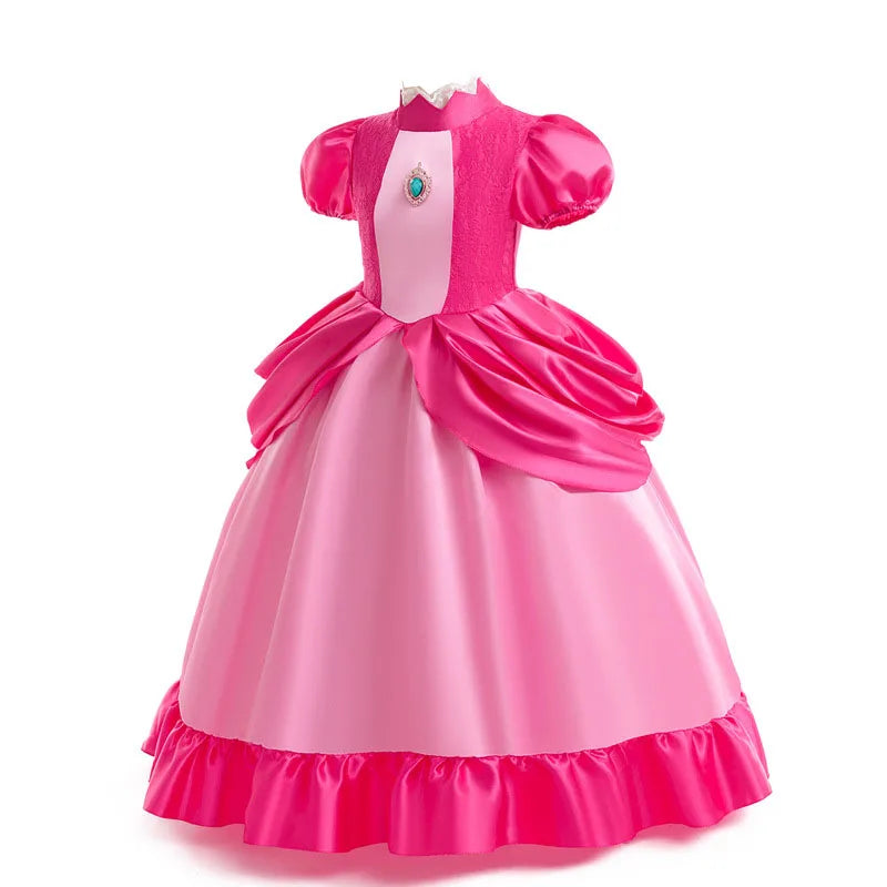 New 2026 Movie Inspired Lolita Princess Dress Super Plumber Bros's Friend Peach Costume Girls Pink Lace Frock Role Play Apparel
