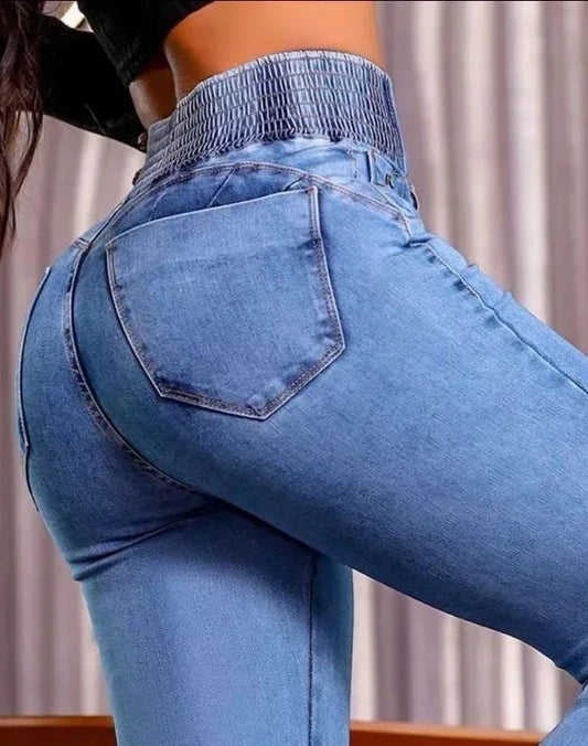 2025 autumn winter Elegant High Waist Button Front Casual Female Jeans Sexy Fashion Back Shirred Trouser Bottom