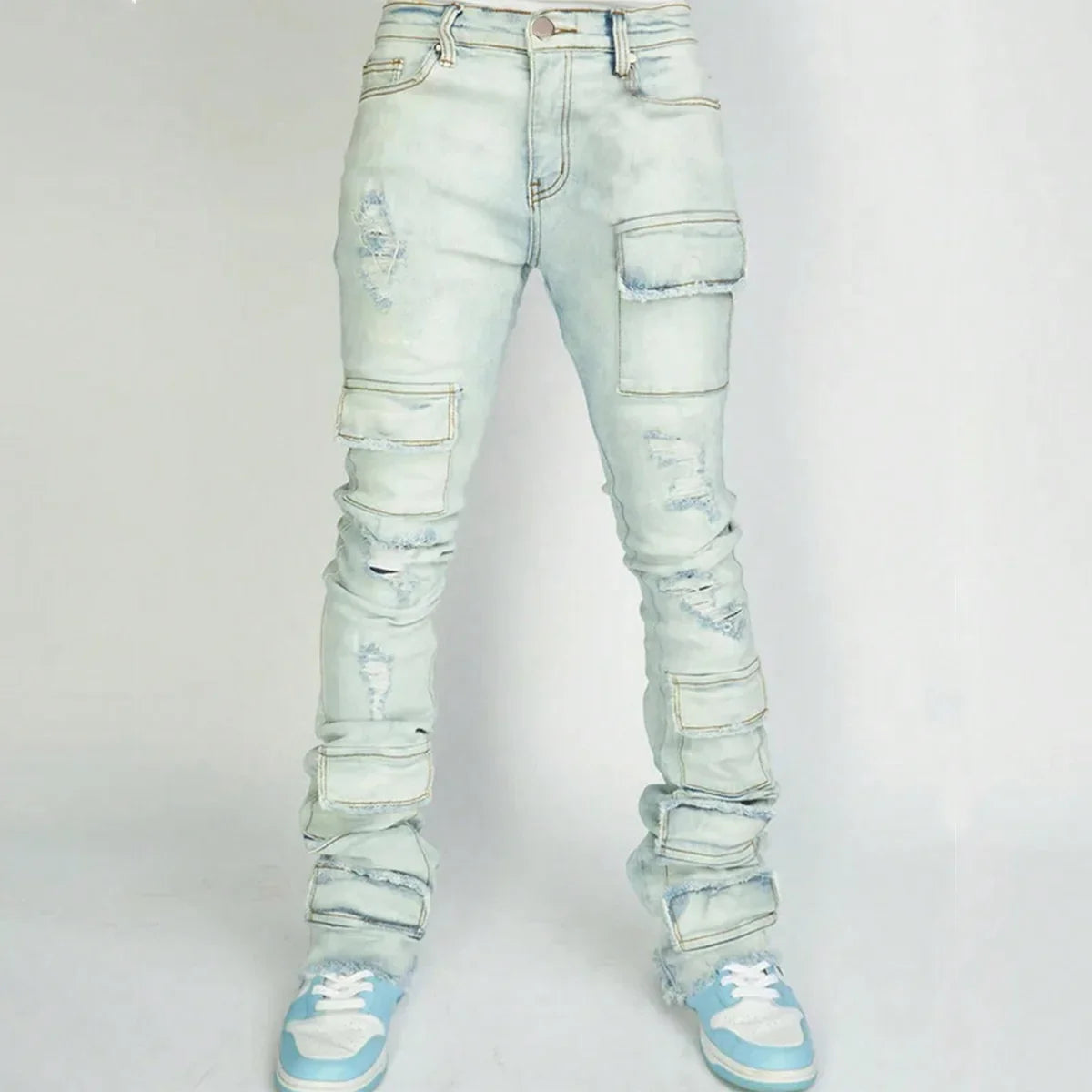 Men Jeans Long Pant Denim Flare Pants Hole Straight Trousers Slim Fit High Waist Casual Button Pocket Splice Autumn Winter