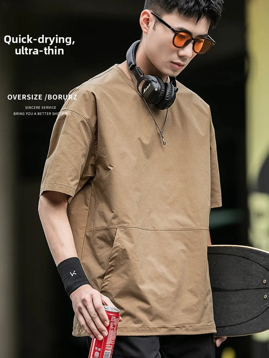 Men's Summer Thin Short Sleeve T-Shirt Ice Silk Quick Dry Large Size round Neck Sport Loose Casual Workwear Breathable Sweat ...