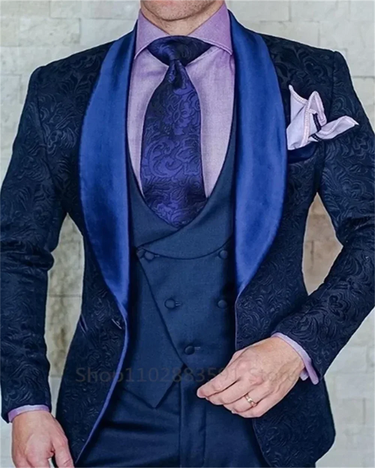 3 Pieces Black Jacquard Wedding Party Tuxedo For Groom Wedding Shawl Lapel Slim Fit Mens Suits Male Waistcoat Vest Pants