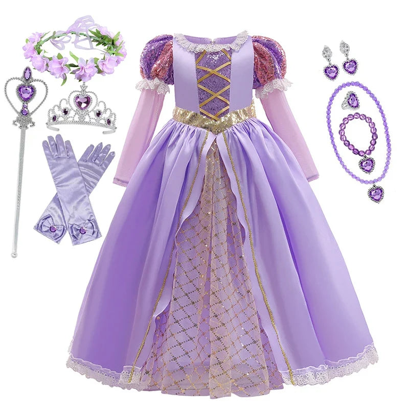 Girls Disney Rapunzel Dress Kids Tangled Disguise Carnival Girl Princess Costume Birthday Party Gown Outfit Clothes 2-10 Years