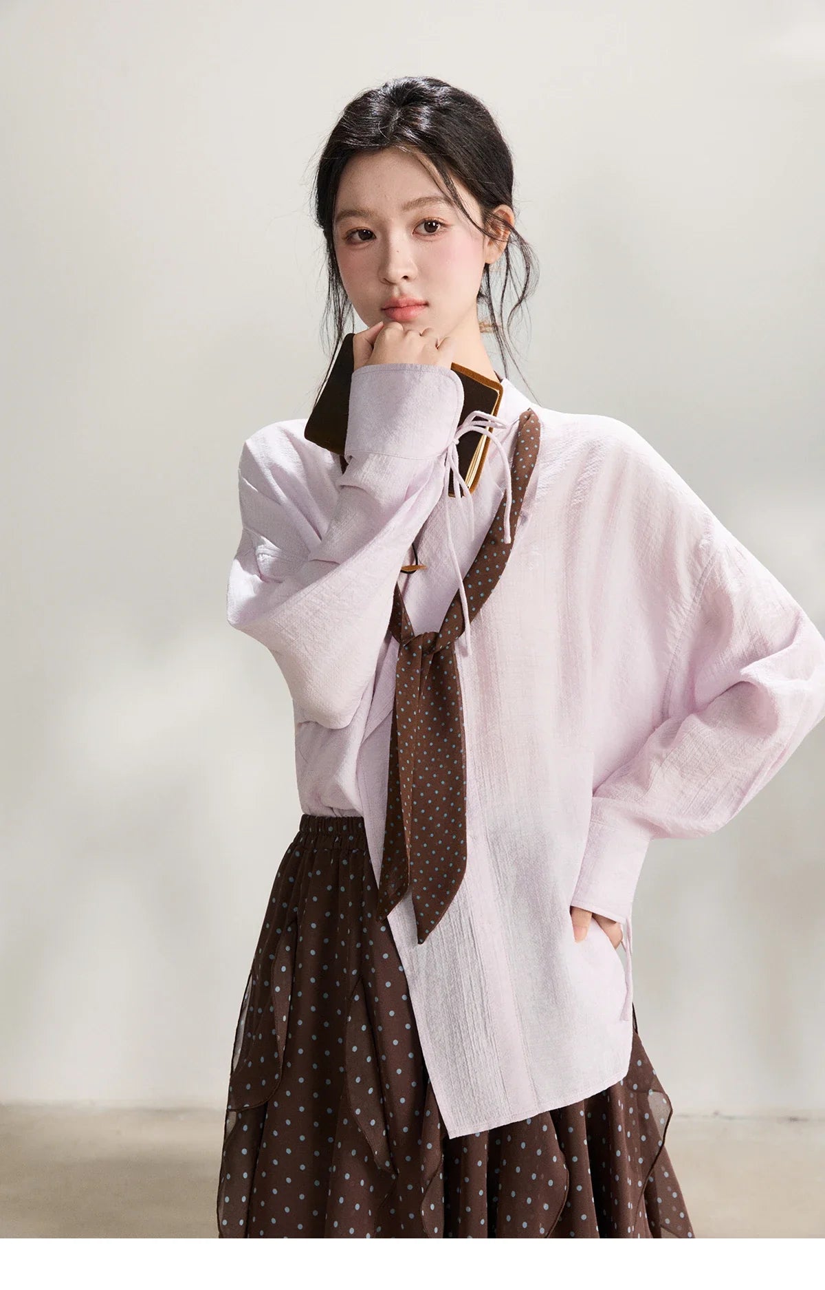Women's Asymmetric V Neck Shirts 2026 Spring Lapel Casual Loose Tie Cuffs Solid Shirt with Polka Dot Ribbon MXF108X1002