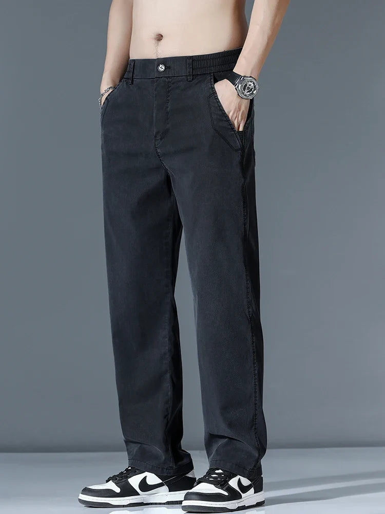 Ultra-thin Lyocell Fashion Loose Casual Pants Men Spring Summer Korean Straight Stretch Brand Trousers Male Clothing Wide Pants