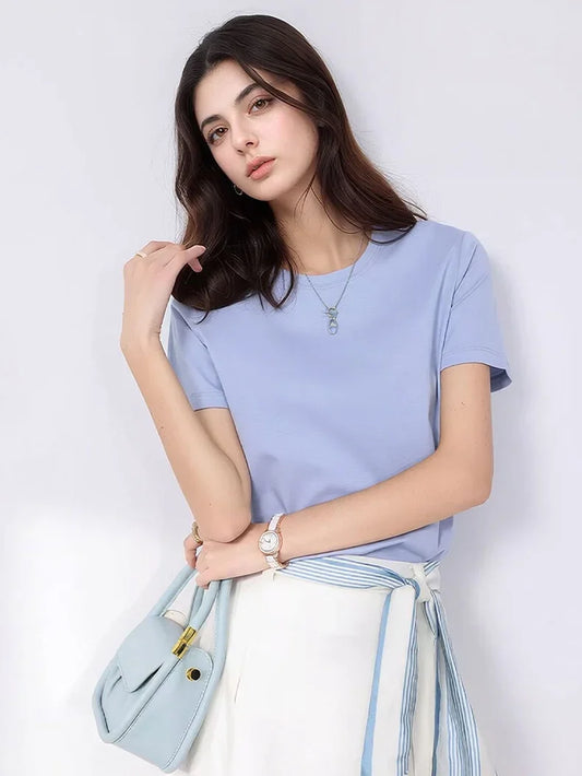 Women Solid T shirts, Silk Cotton Blend, O Neck, Short Sleeved Solid Tee,2025 Summer Candy Colors Basic Cozy Top Green