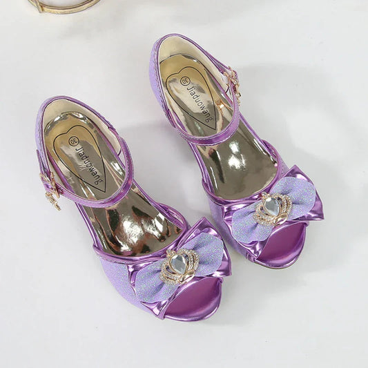 New Girl's High Heel Shoes for Kids Party Wedding Fashion Princess Causal Dress Shoes Sequins Versatile Children's Crown Sandals