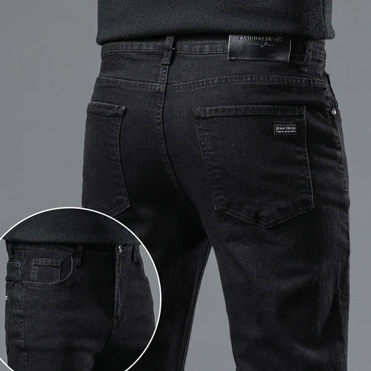 Men's Pure Black Jeans Version Trendy Straight Fit Pants Men's Comfortable Elastic Classic Business Jeans brand Denim Trousers