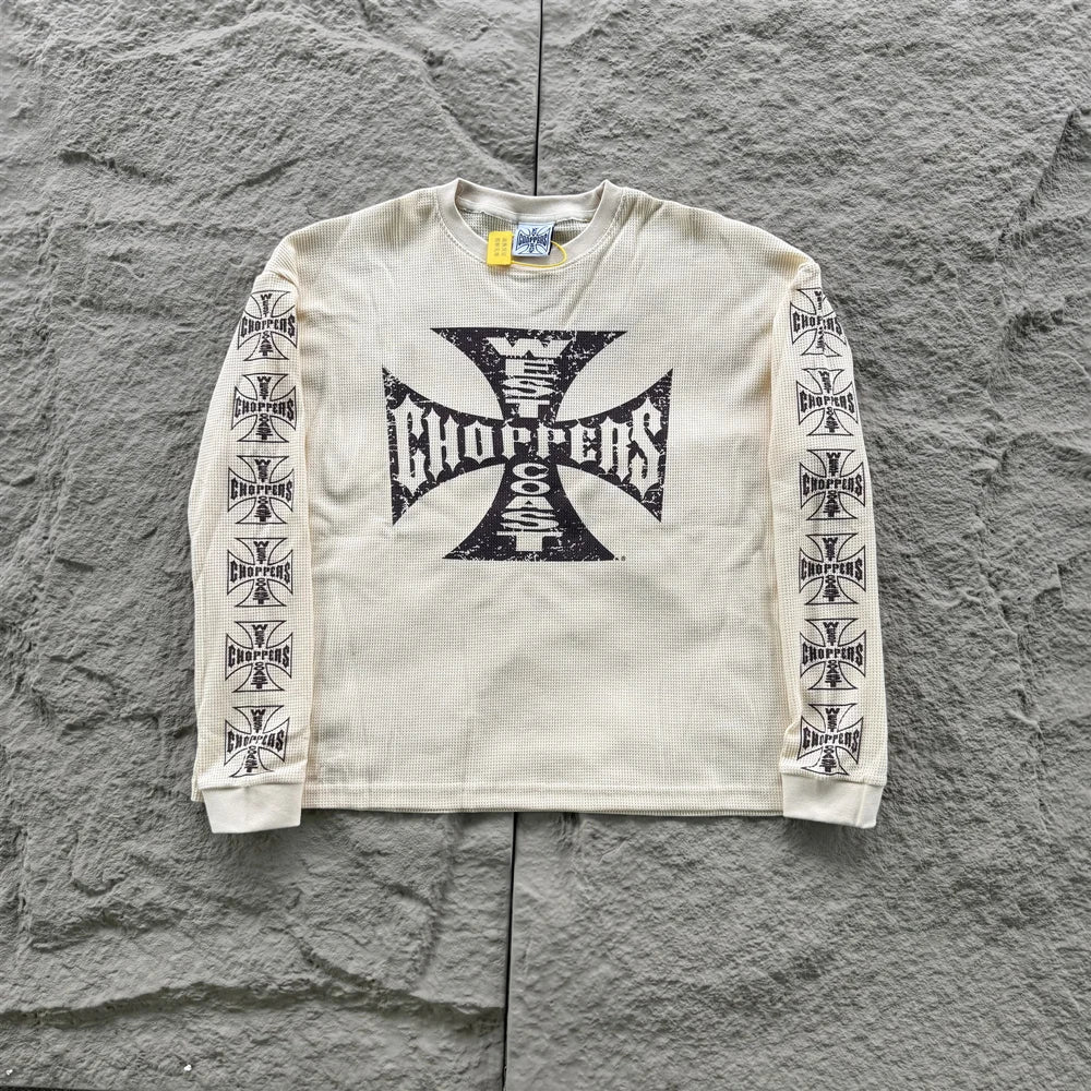 American Style Streetwear Quality Waffle Fabric Printed Tops Oversized Long Sleeves Tee 100%Cotton Vintage T Shirt Men Woman