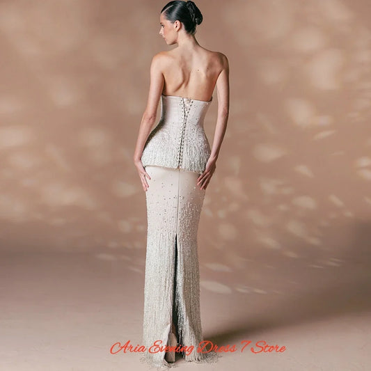 Exquisite Jersey Strapless Crystal Customized Evening Dress Classic Tassel Bridal Party Delicate Lace Up Back Celebrity Gowns