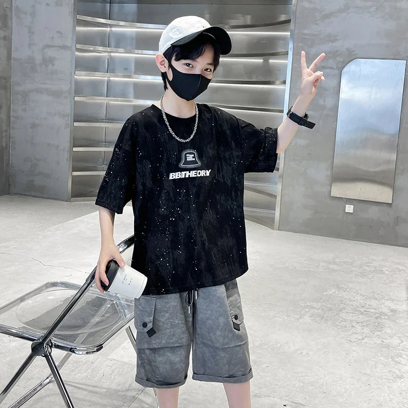 Child Summer Suit for Boy New Design Silver Sprinkles Print Cotton Top and Bottom Set Clothing 2 Piece Outfit For Kids Age 2-14Y