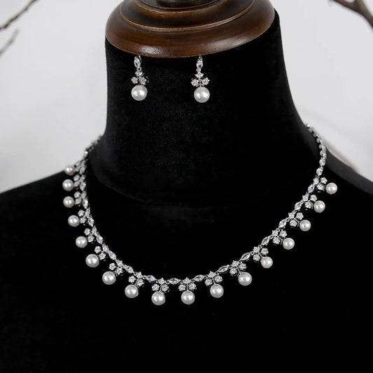 Gorgeous Cubic Zirconia Stone Pearl Choker Necklace Earring Jewelry Set for Women Bridal Satin Wedding Dress Accessories