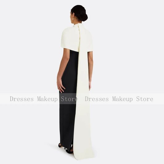 Customized Evening Dress Beige Cape O Neck Floor Length Column Evening Gowns for Women Draped Back Split Black Formal Party Gown