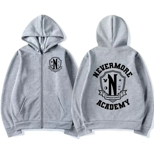 Men Women Nevermore Academy Logo Print Graphic Zipper Hoodie Casual Long Sleeve Harajuku Oversized Zip Up Coats Hoodies