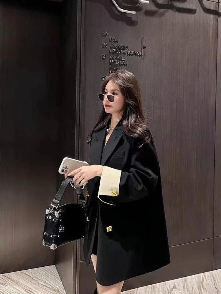 Unique Niche Black Double Breasted Women Blazer New Spring Autumn Office Commuter Mid Length Premium Light Luxury Suit Jacket
