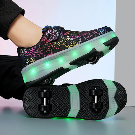 4 Wheel Dual-Use Roller Skates with Detachable Wheels ,Sneakers with LED Boys Girls Shoes with Wheels,Speed Skate Sizes 29-42