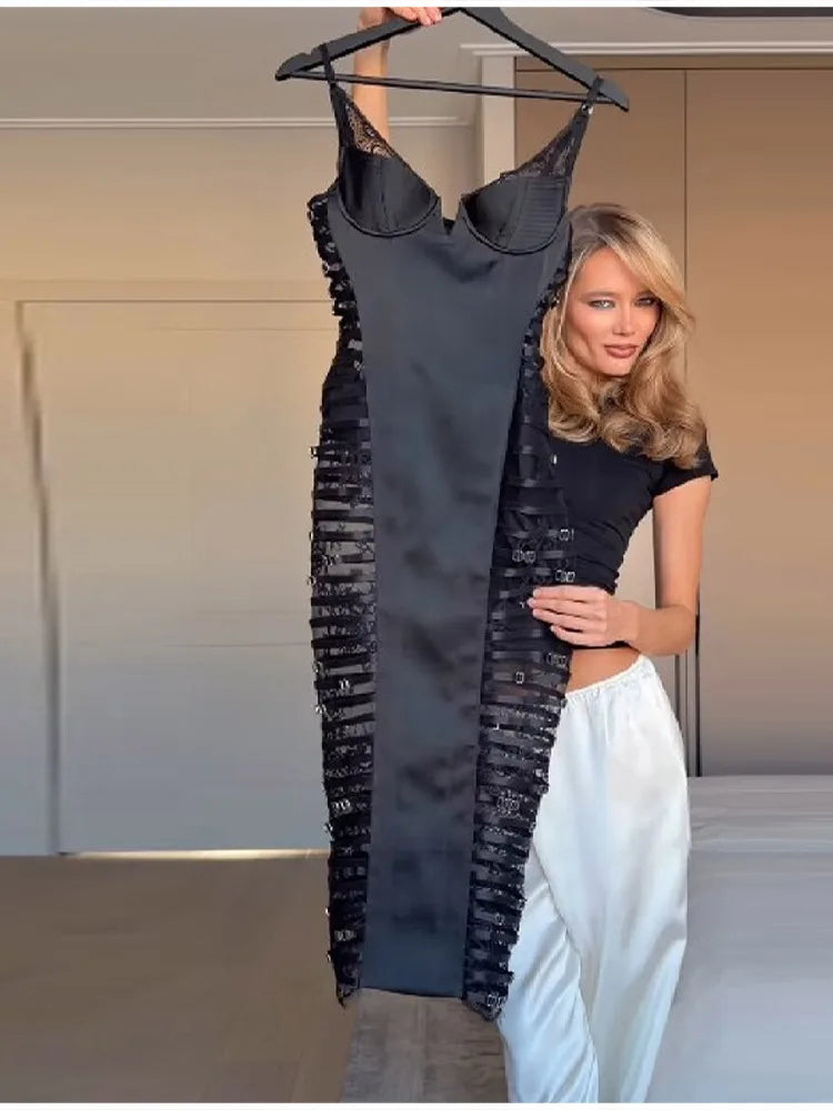 Women's Sexy Side Perspective Lace Dress Black Buckle Satin Mesh Panels Midi Dress Stylish Lady Date Club Party Trend Clothes