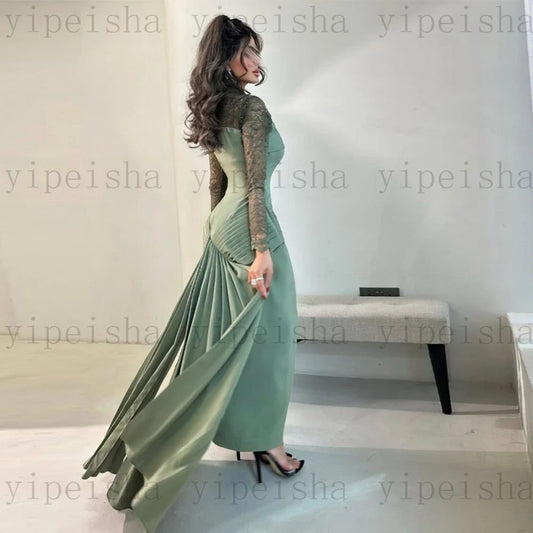 Customized High Neck Evening Dresses Front Split Ankle-Length Lace Full Sleeve Prom Gown Modern Pleat Straight Party Dress