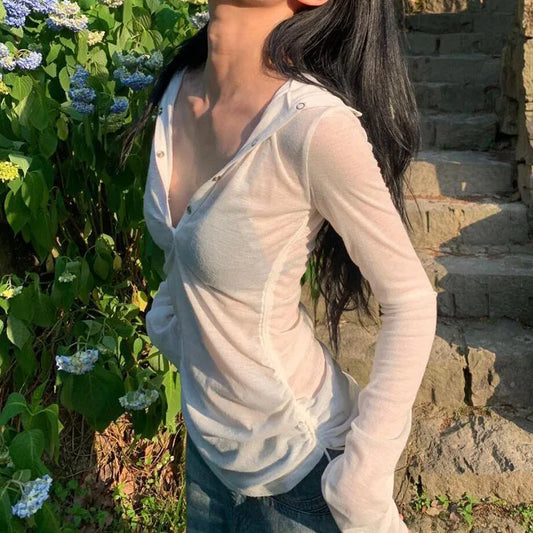 Y2K Sexy See Through Hooded T-Shirt Women Summer Sun Protection Long Sleeve V-Neck Sheer Top Harajuku Streetwear White Tee 2026
