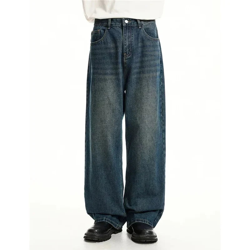 Men Classic Straight Leg Casual Jeans Male Brand Wide Leg Black Denim Pants Simple Vintage Outside High Street Denim Trousers