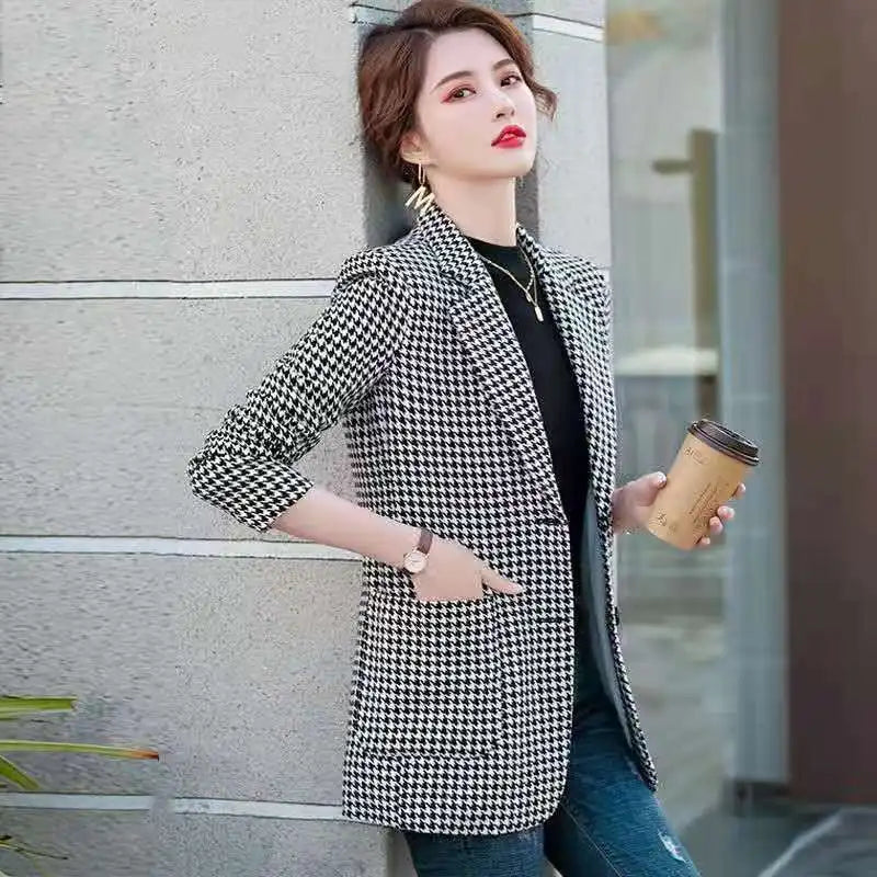 Women's Houndstooth Pattern Blazer Long Sleeve 2025 New Spring Autumn Korean Style Elegant Casual Elegance Daily Wear