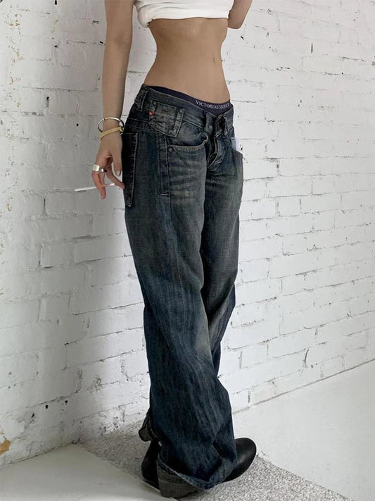 American Retro Washed Low Waist Jeans Women's Loose Straight Jeans Pants Street Winter Fashion Denim Pants