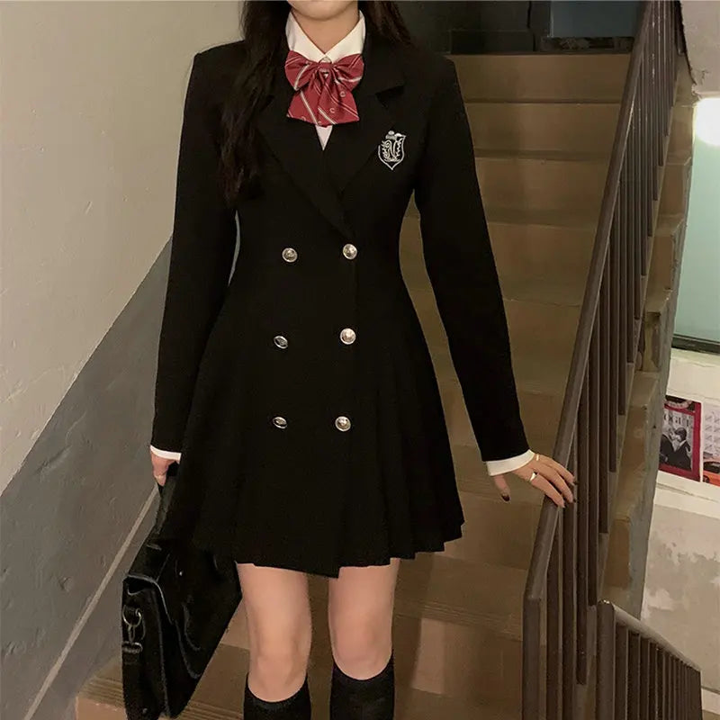 Sweet Style Suit Dress Korean Drama Main Character Waist Cinched Beautiful Skirt College Style High Waist Double Breaste...