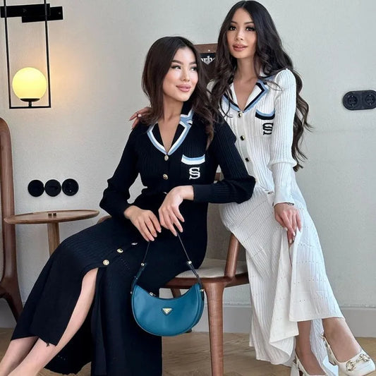 Elegant Embroidery Letter Knitted Maxi Dress Autumn Winter Brand Fashion Lady Notched Black Sweater Dress Office Robes