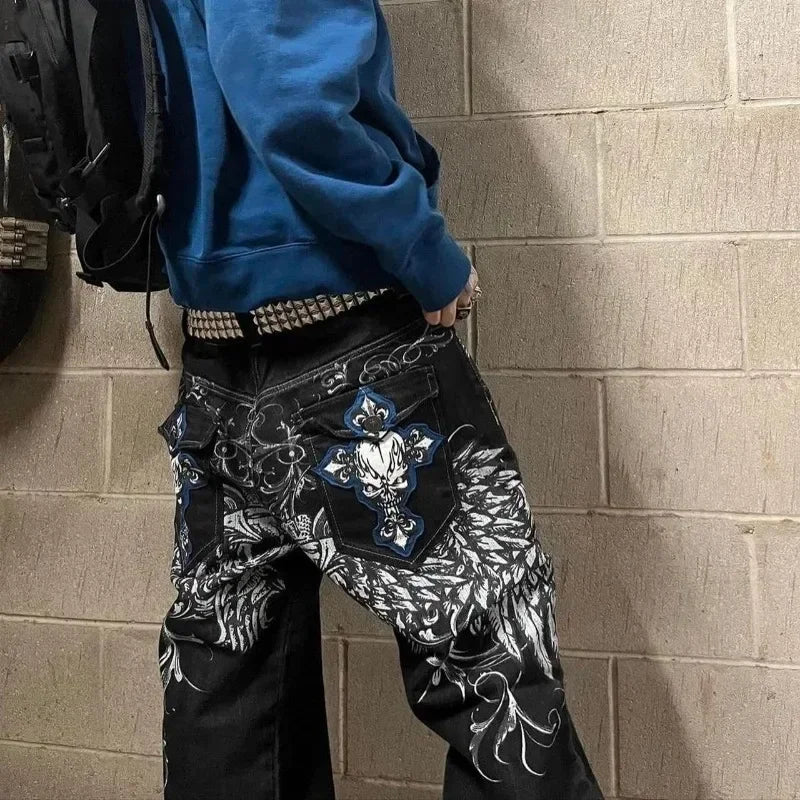 High Street Gothic Embroidered Men Black Red Pattern Y2K High Waist Jeans American Retro Street Couple Casual Pants