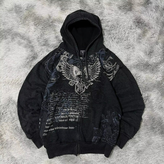 Mountainous Carving Harajuku Hoodie Y2K New Fleece Thickened Got Print Zipper Hoodie Women Street Hip Hop Joker Loose Sweatshirt