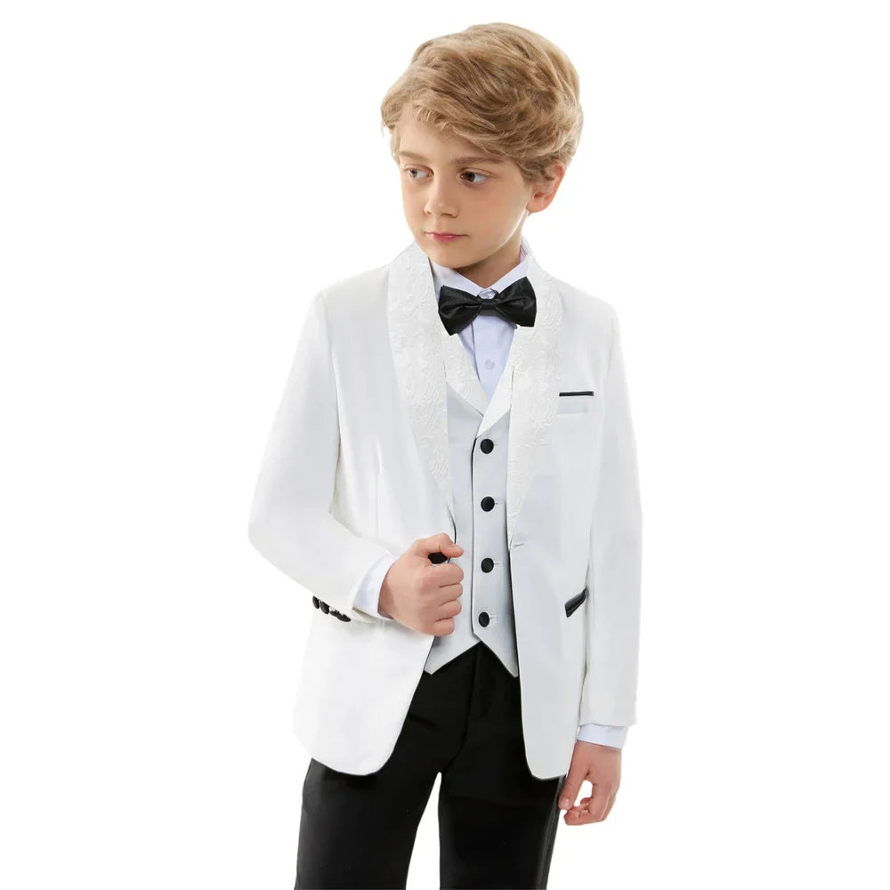 Stylish Jacquard Collar Boys Suits 3 Pieces Jacket Vest Pants Piano Performance Autumn Long Sleeve Kids Tuxedo Sets For Birthday