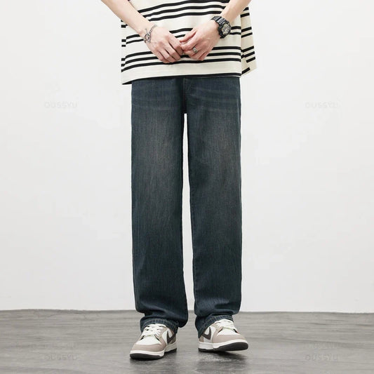 Spring Autumn High Quality Soft Lyocell Fabric Jeans Men Loose Wide Leg Pants Elastic Waist Casual Trousers Plus Size 28-40