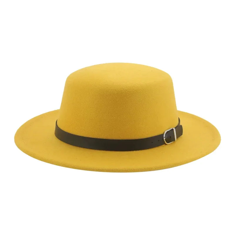 Felted Men Hats Solid Flat Top Belt Band Classic Simple Fedora Hats Khaki Camel Black White Red Casual Formal Dress Winter Hats