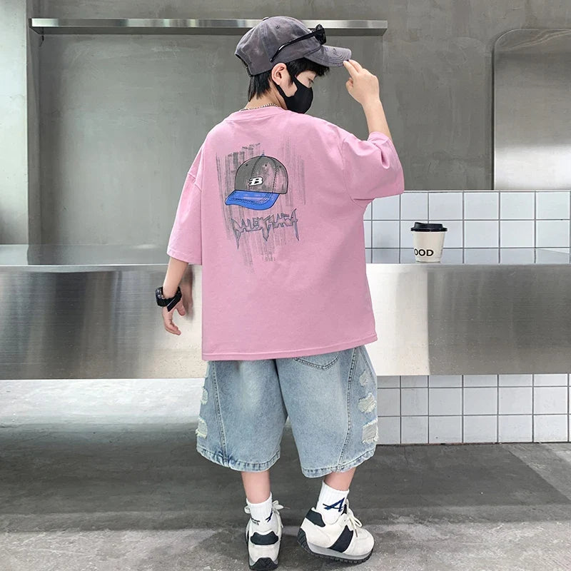 2025 New Summer Clothing Set for Kids Boy Luxury Summer Suit Children Cotton T-shirt And Denim Shorts 2 Pieces Tracksuit Outfit