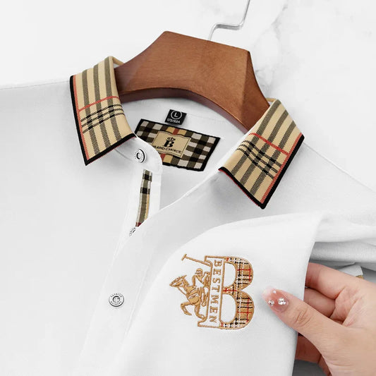 Summer novel men's high-end lace collar B-shaped short sleeved polo shirt, comfortable and casual business T-shirt
