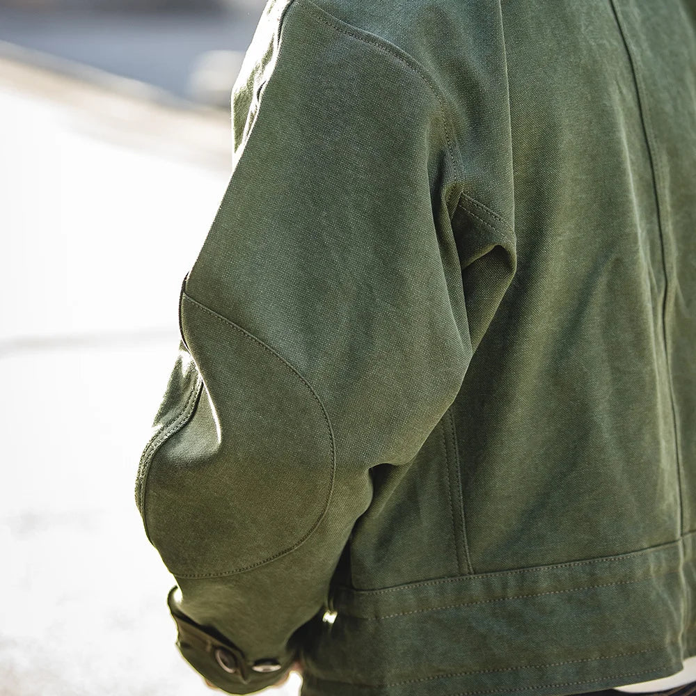 Retro 16oz Canvas Swedish Motorcycle Green Jacket Pocket Bomber Jacket Casual Hunting Work Outwear for Men Spring and Fall