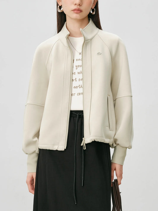 Stand Collar Women Casual Coats Oatmeal Zip-up Cropped Sweatshirt Jacket 2024 Autumn Cotton Short Sweatshirts 24ZQ94212