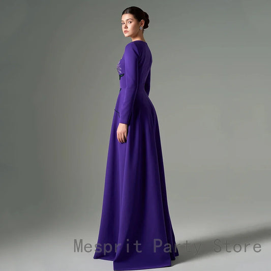 Luxury Purple Evening Dress For Women A Line Prom Dress Floor Length Formal Party Gown Long Sleeves Beaidng Saudi Arabia Dress