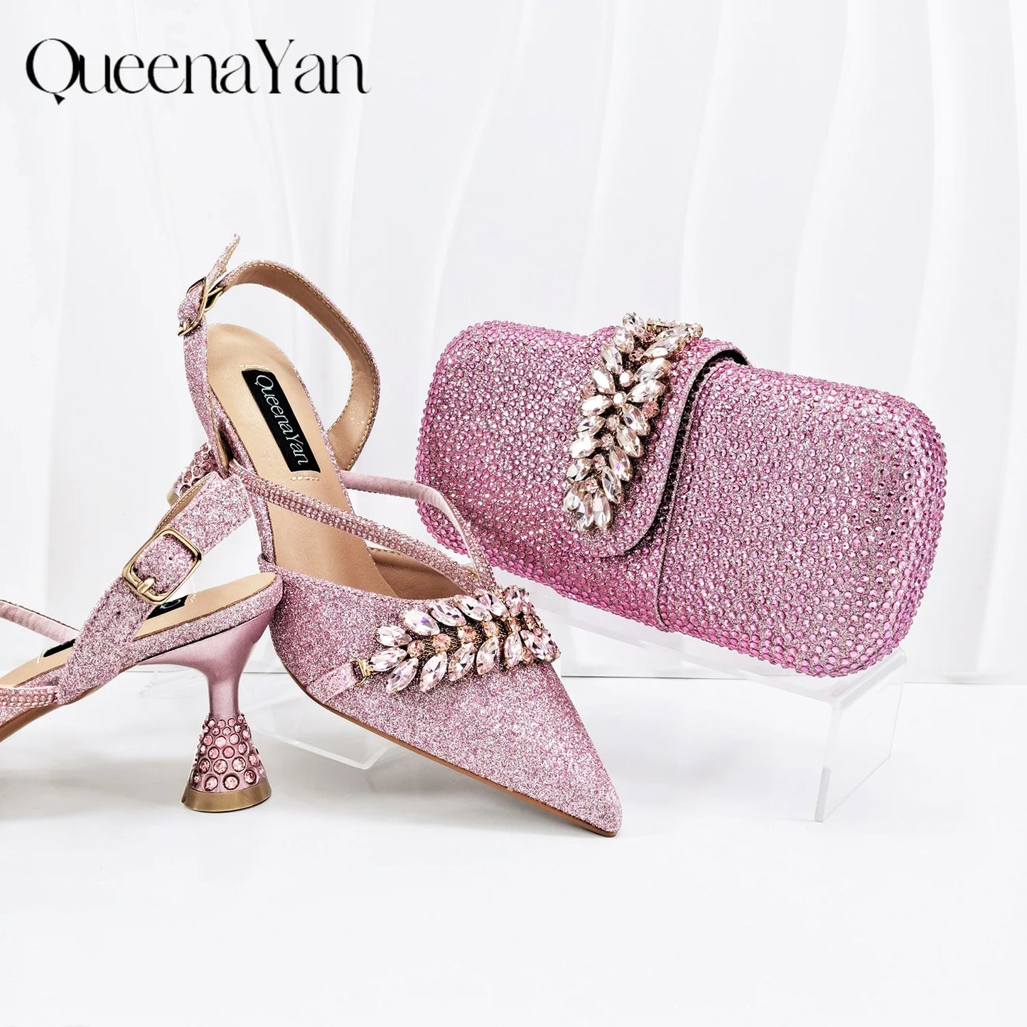 New Italian Pumps and Bag To Party 2026 INS Style Pointed Metalldekoration Rhinestone Elegant Olive Color High Heels for Women