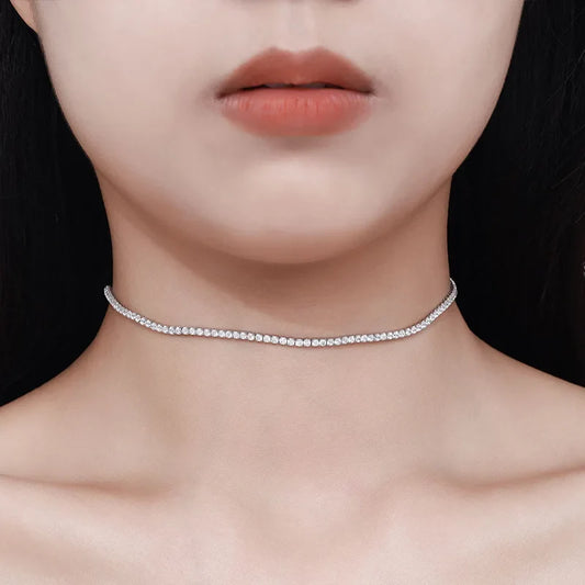 Adjustable Full 2mm 0.03CT D Color Moissanite Tennis Necklace for Women 925 Silver Plated 18K Gold Choker Neck Chain Gift