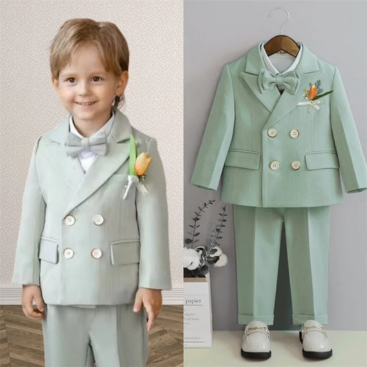 3-14 Yrs Kids Suit Set, Double Breasted Suit Jacket, Pants Bowtie, Boys Formal Tuxedo Set for Wedding, Ring Bear Dresswear